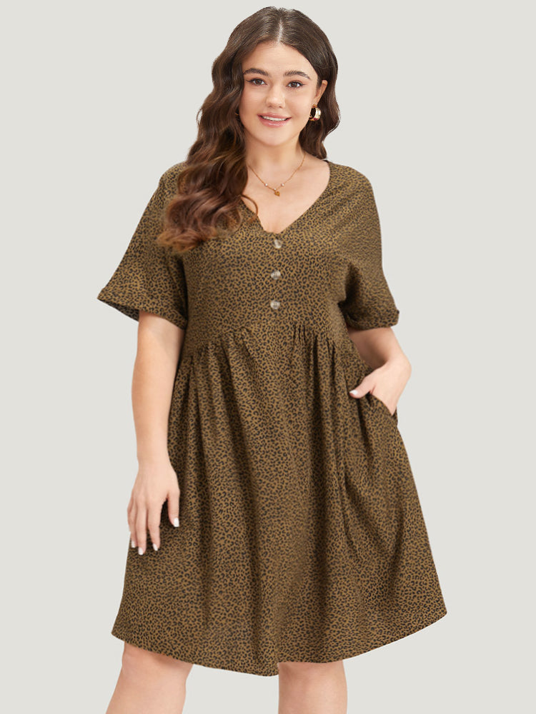 Leopard Print V Neck Button Detail Dolman Sleeve Dress
