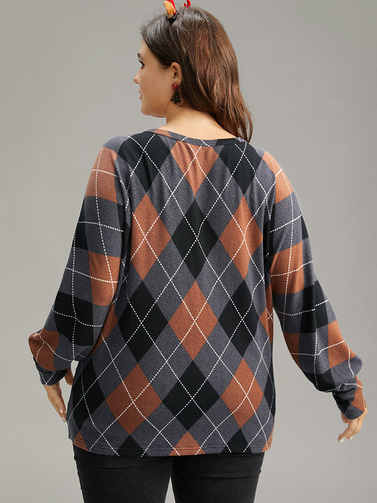 Plaid Contrast Round Neck Dolman Sleeve T-shirt
