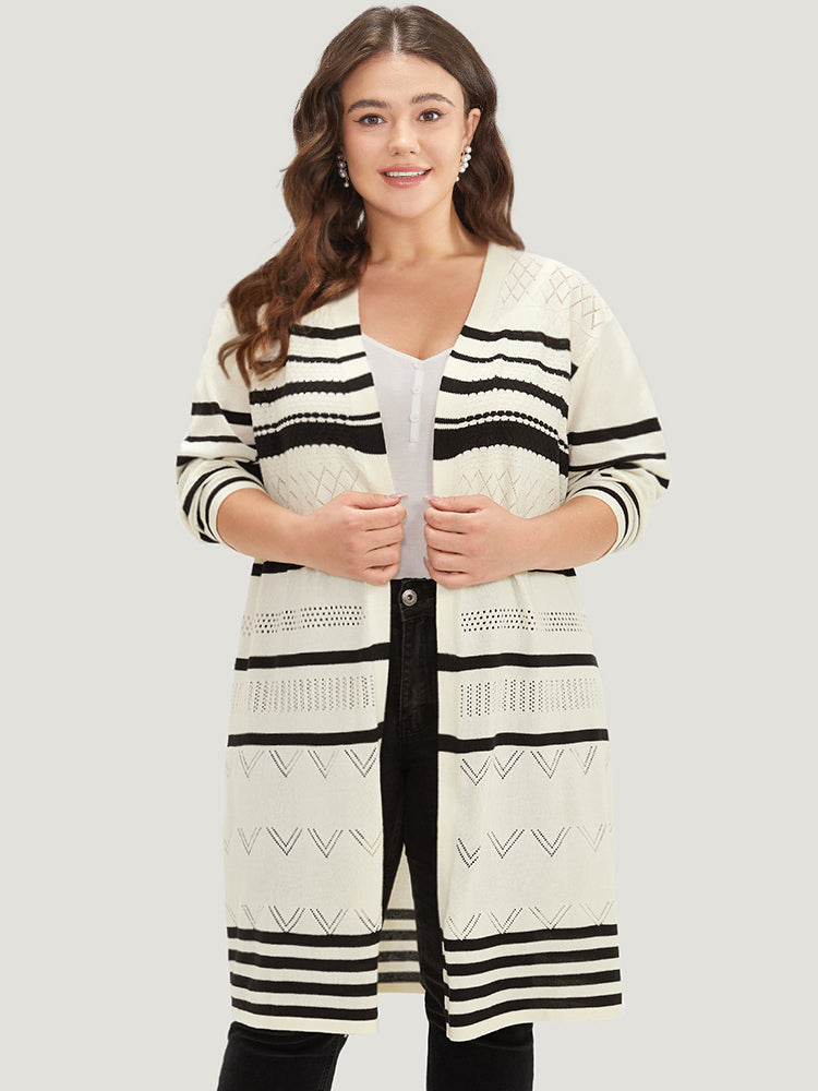 Striped Eyelet Open Front Maxi Cardigan