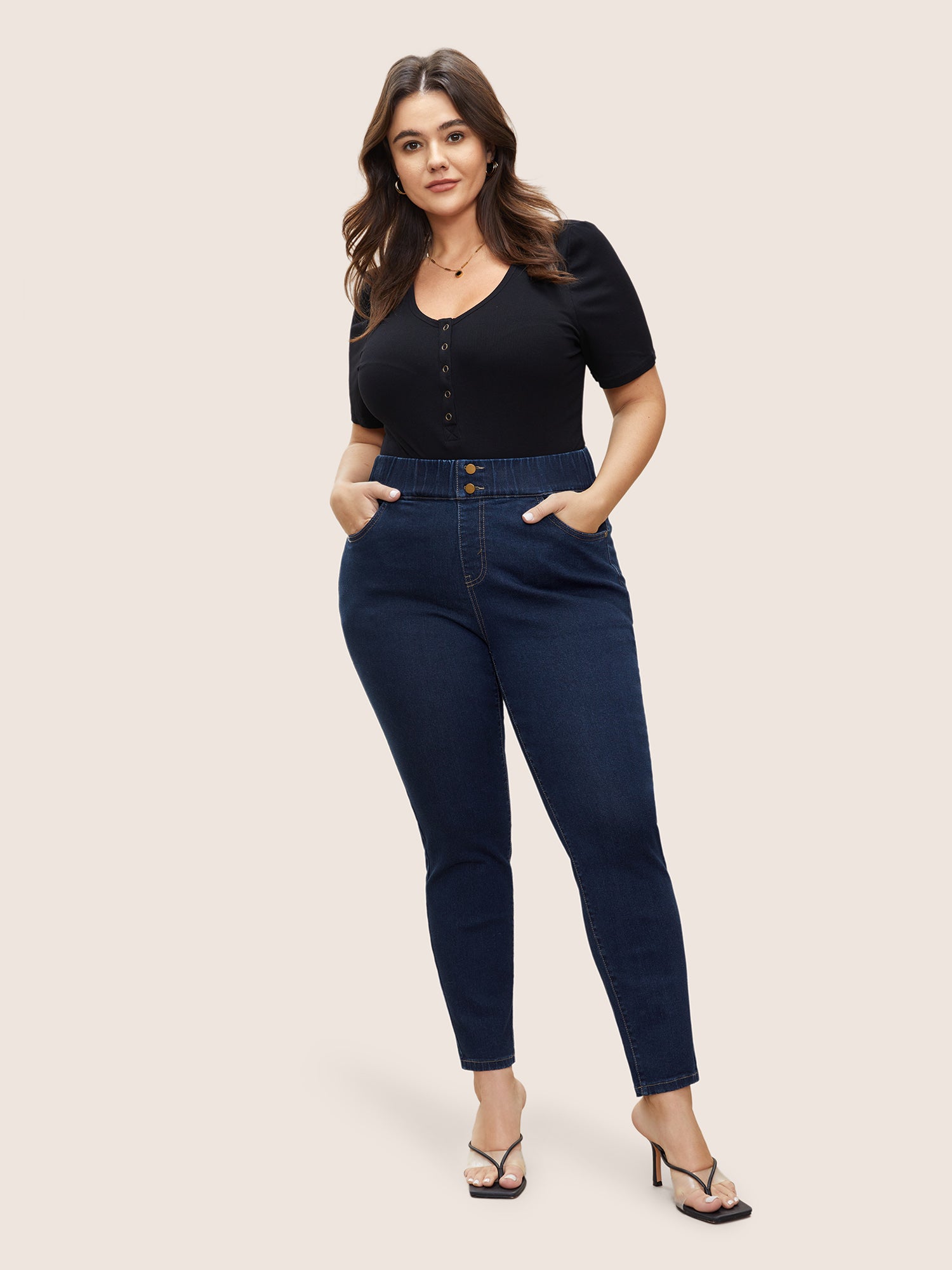 Elastic Waist Full Length Button Detail Jeans