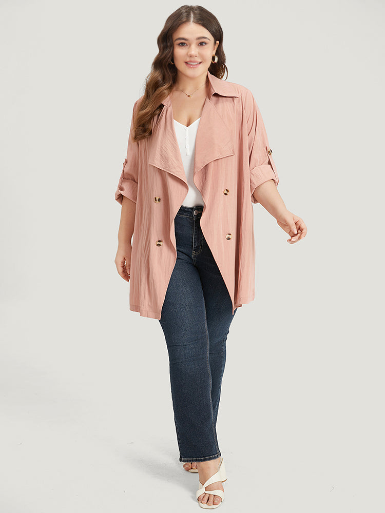 Plain Lapel Collar Asymmetrical Tab Sleeve Trench Coat