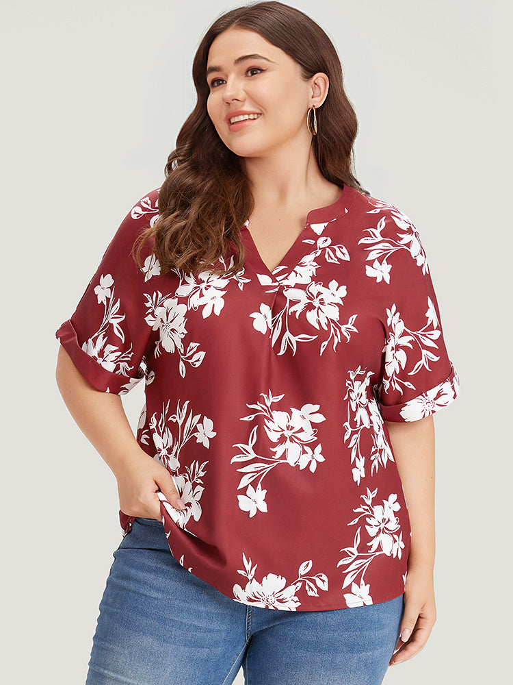 Silhouette Floral Print Notched Roll Sleeve Blouse