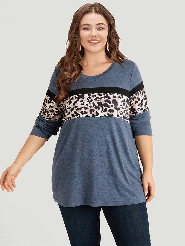 Leopard Heather Patchwork Crew Neck T-shirt