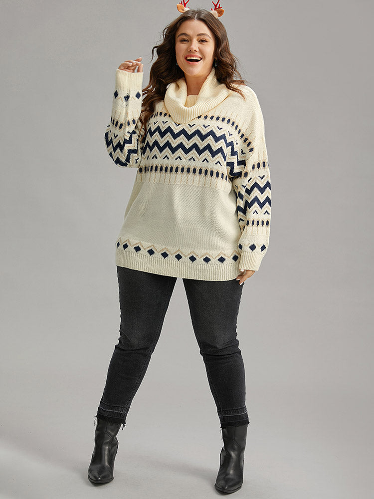 Geometric Contrast Turtleneck Elastic Cuffs Pullover