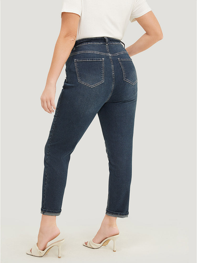 Very Stretchy  High Rise Dark Wash Distressed Stitch Jeans