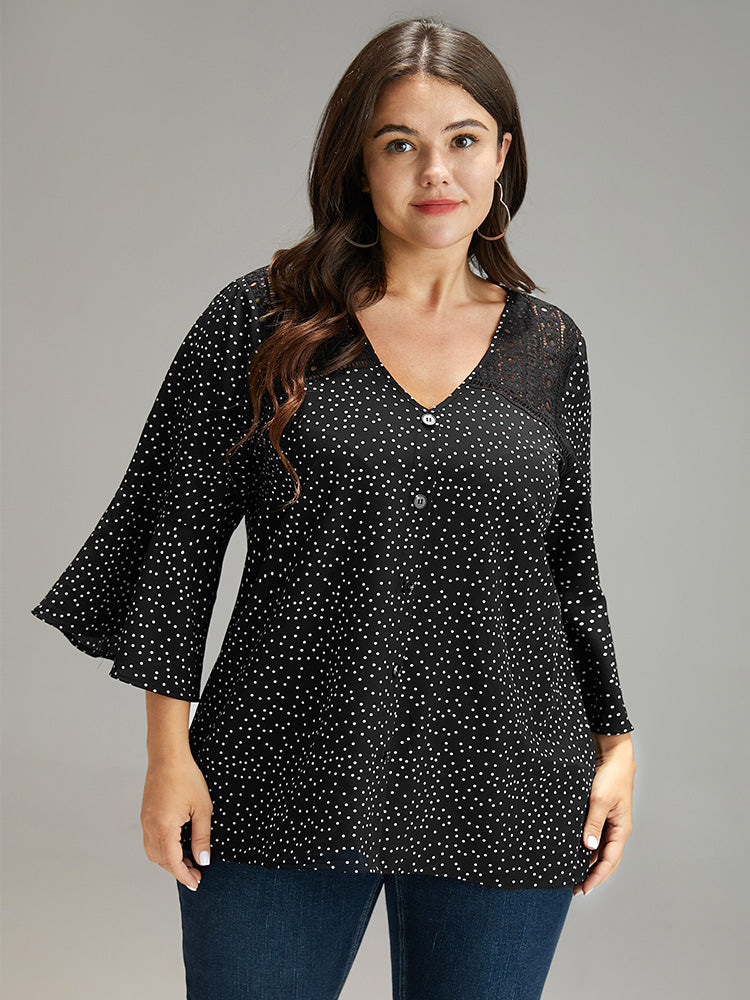 Plus Size Blouses | Polka Dot Crochet Lace Button Detail Blouse | BloomChic