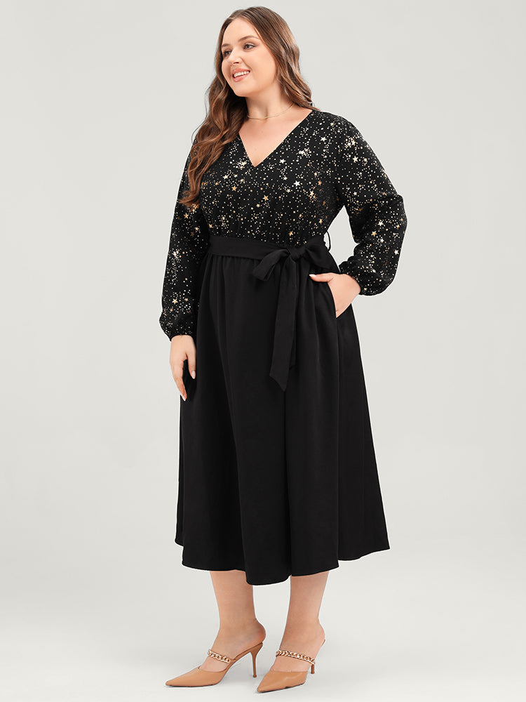 Star Print V Neck Pocket Lantern Sleeve Belted Midi Dress