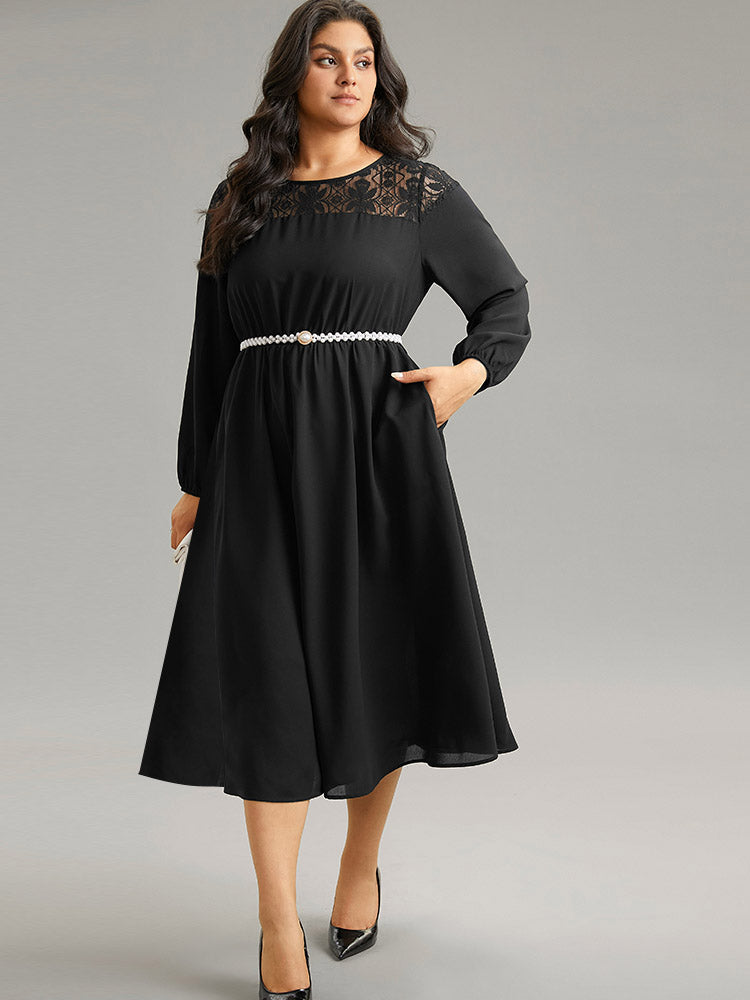 Lace Panel Patchwork Lantern Sleeve Dress