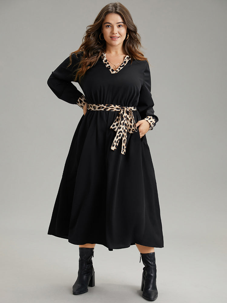 Leopard Patchwork Pocket Belted Notched Dress