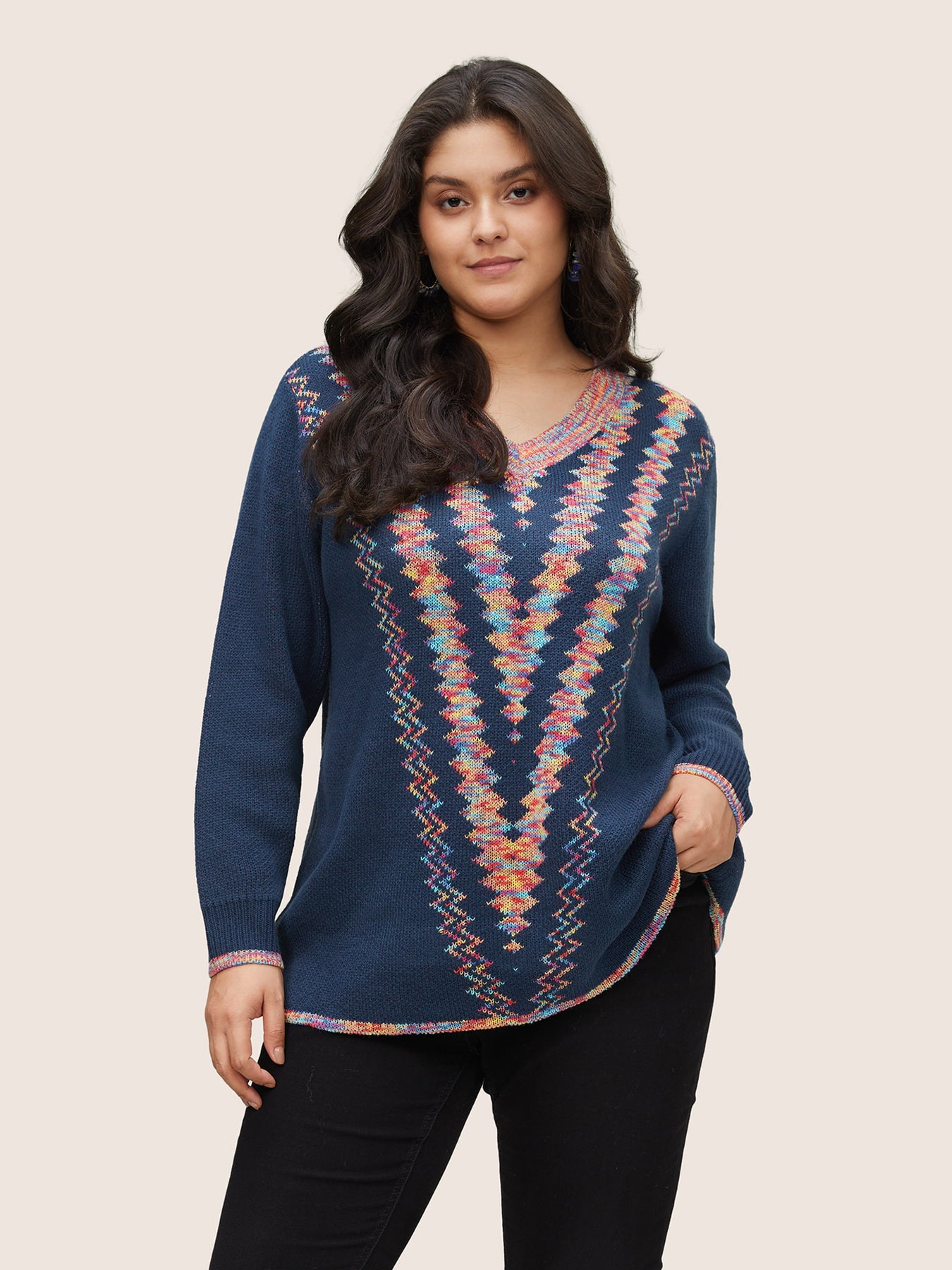 V Neck Colour Heather Geometric Pullover – BloomChic