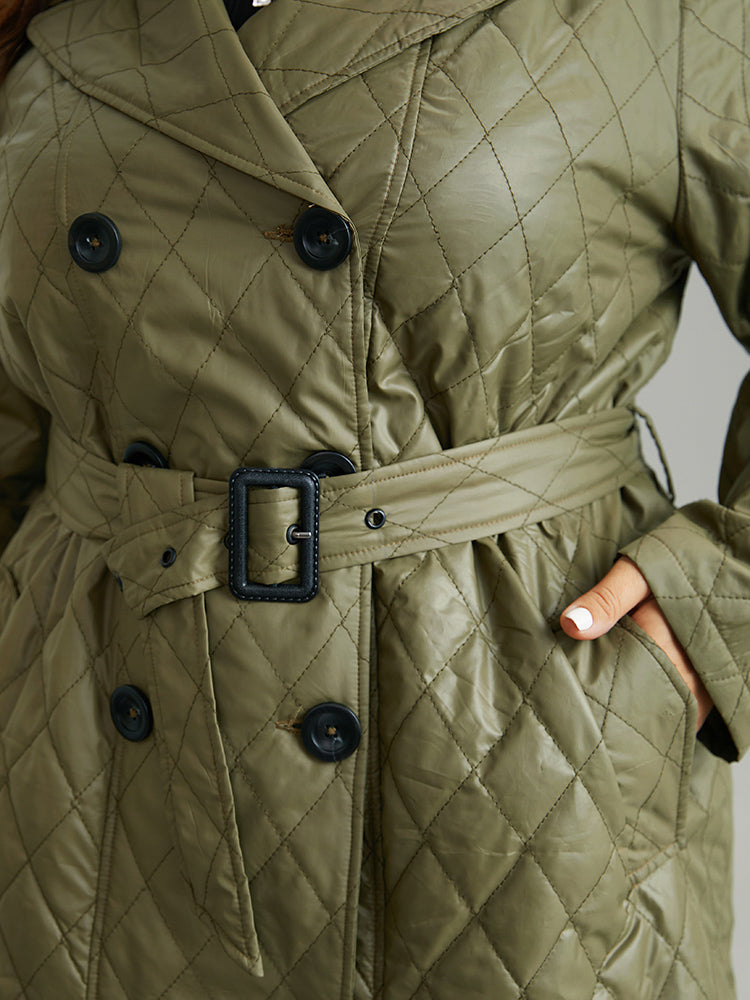 Solid Quilted Double Breasted Belted Coat