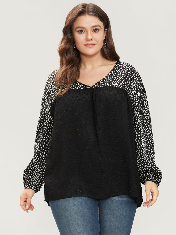 Leopard Patchwork Raglan Sleeve V Neck Blouse