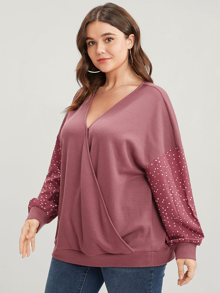 Polka Dot Patchwork Wrap Waffle Knit Sweatshirt