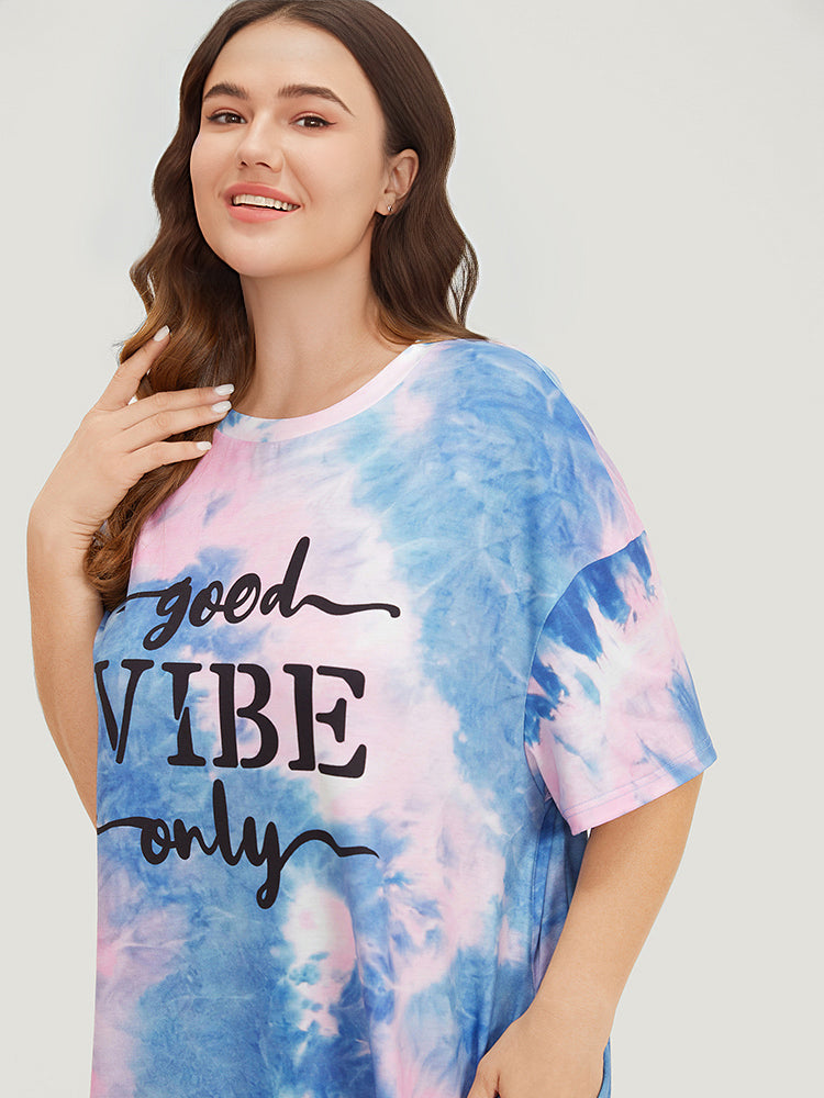 Letter Print Pocket Crew Neck Tie Dye Dress