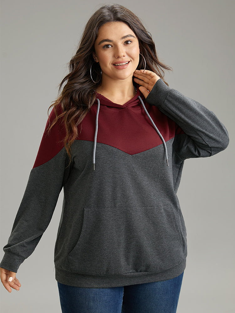 Contrast Patchwork Hooded Pocket Drawstring Sweatshirt