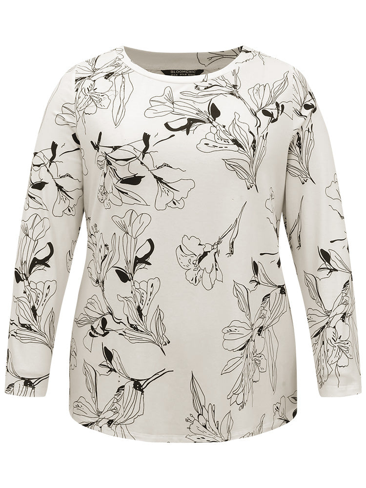 Crew Neck Silhouette Floral Print Basic T-shirt