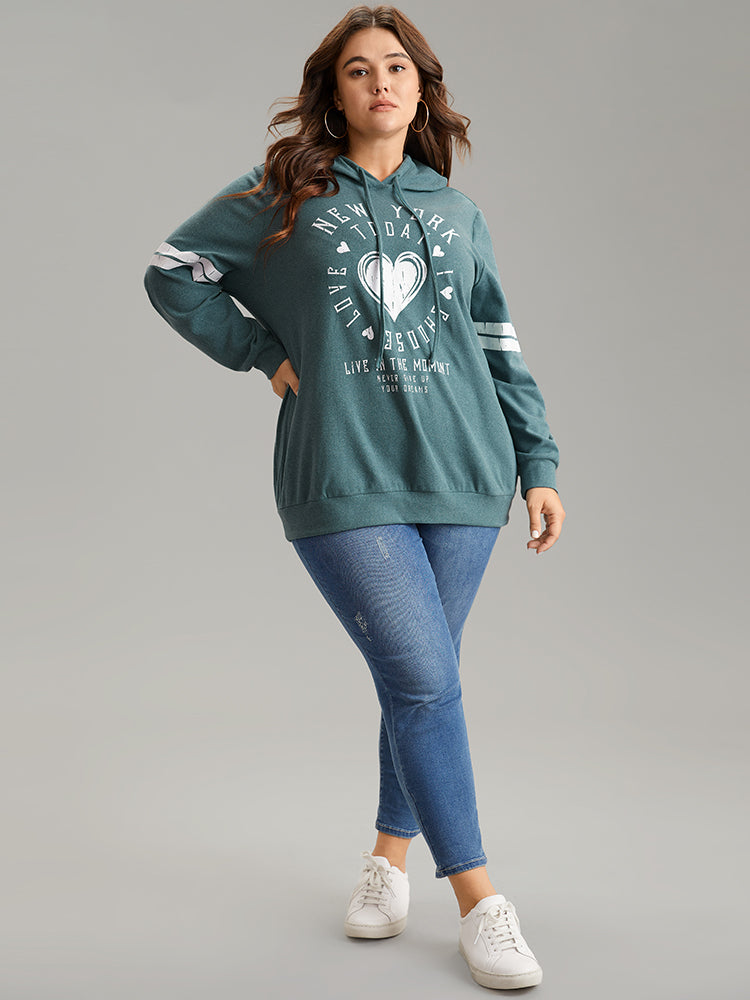 Letter & Heart Print Hooded Drawstring Sweatshirt