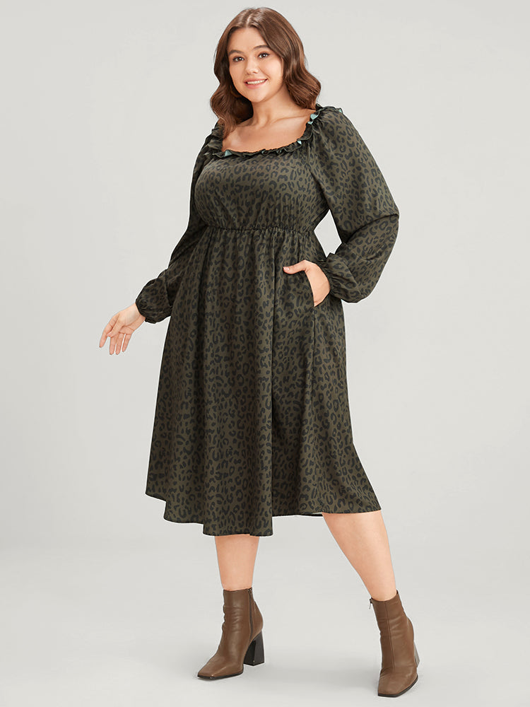 Leopard Print Square Neck Pocket Puff Sleeve Midi Dress