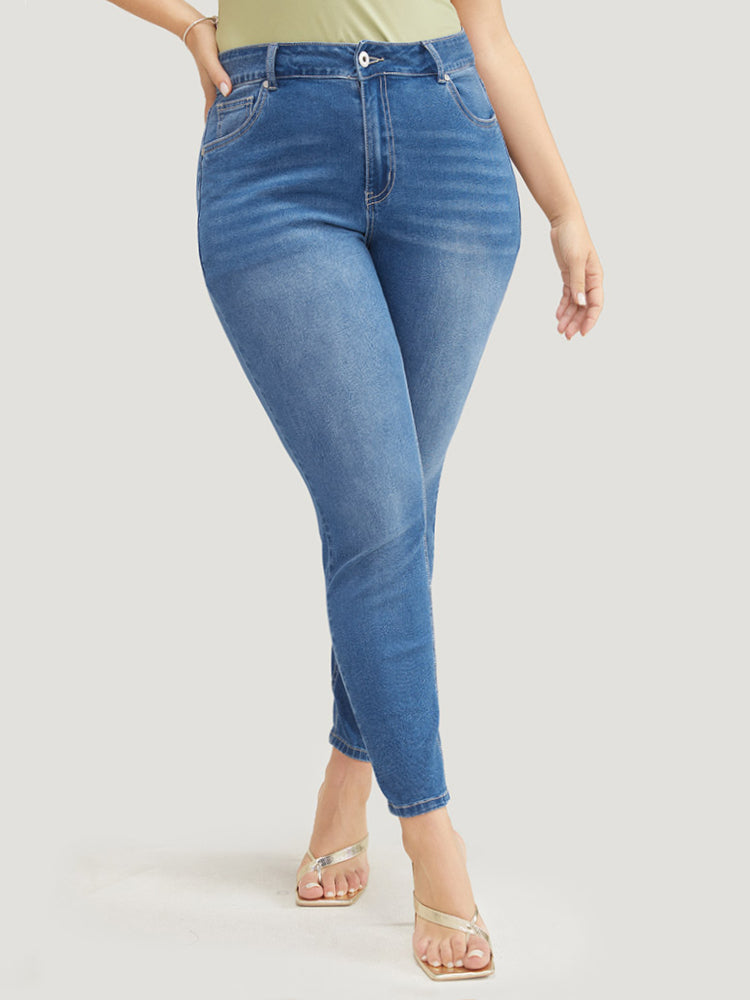 Very Stretchy High Rise Medium Wash Floral Embroidered Jeans