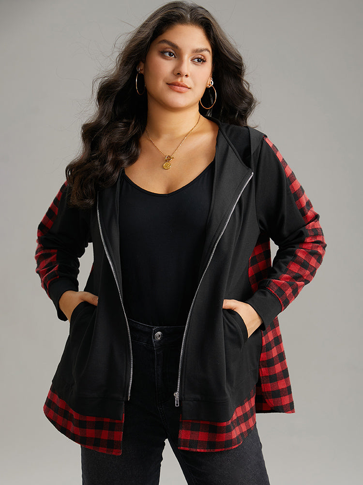 Plaid Patchwork Zipper Hooded Asymmetrical Hem Jacket