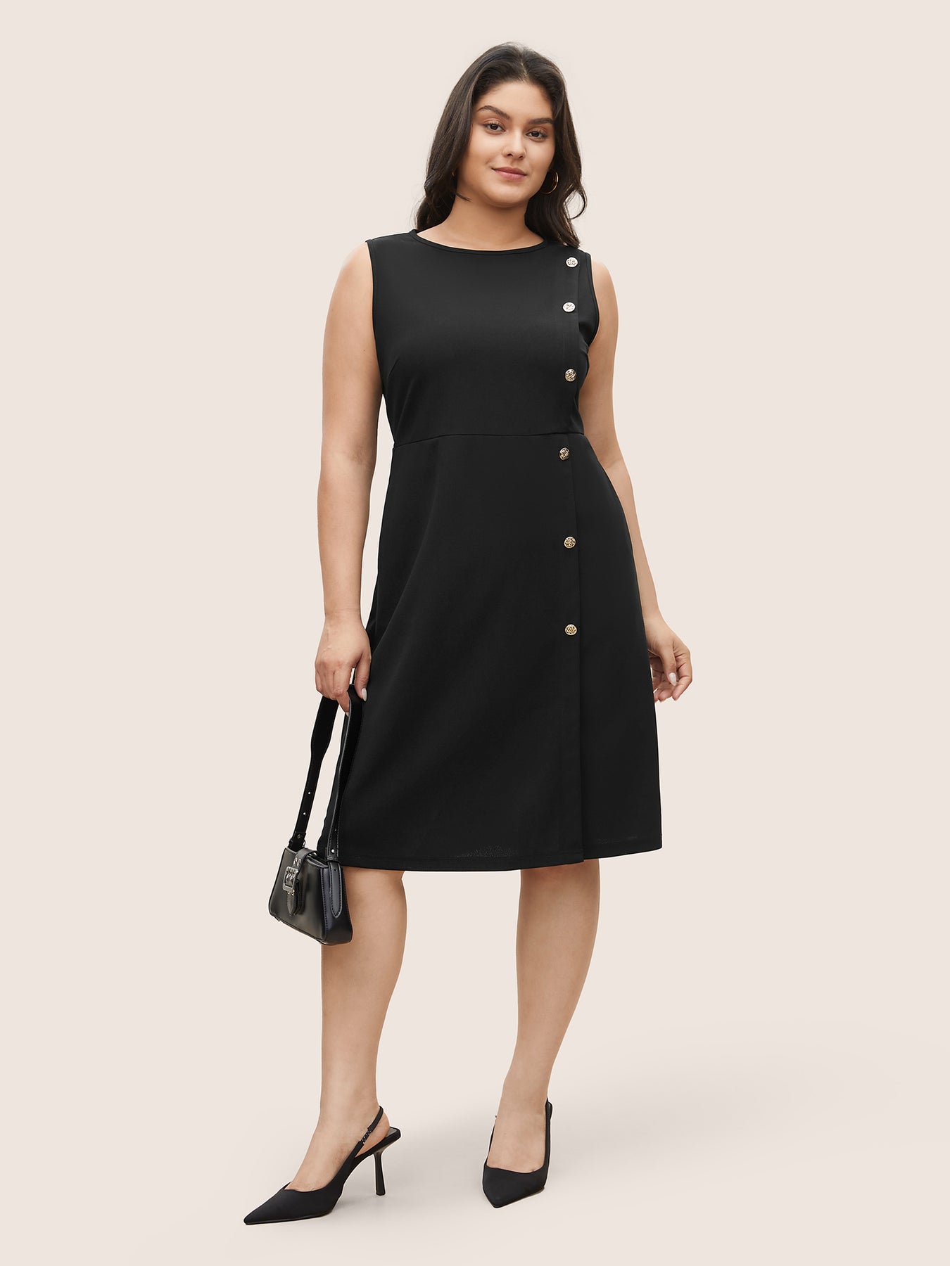 Plus Size Dresses, Plain Sleeveless Button Detail Pocket Dress