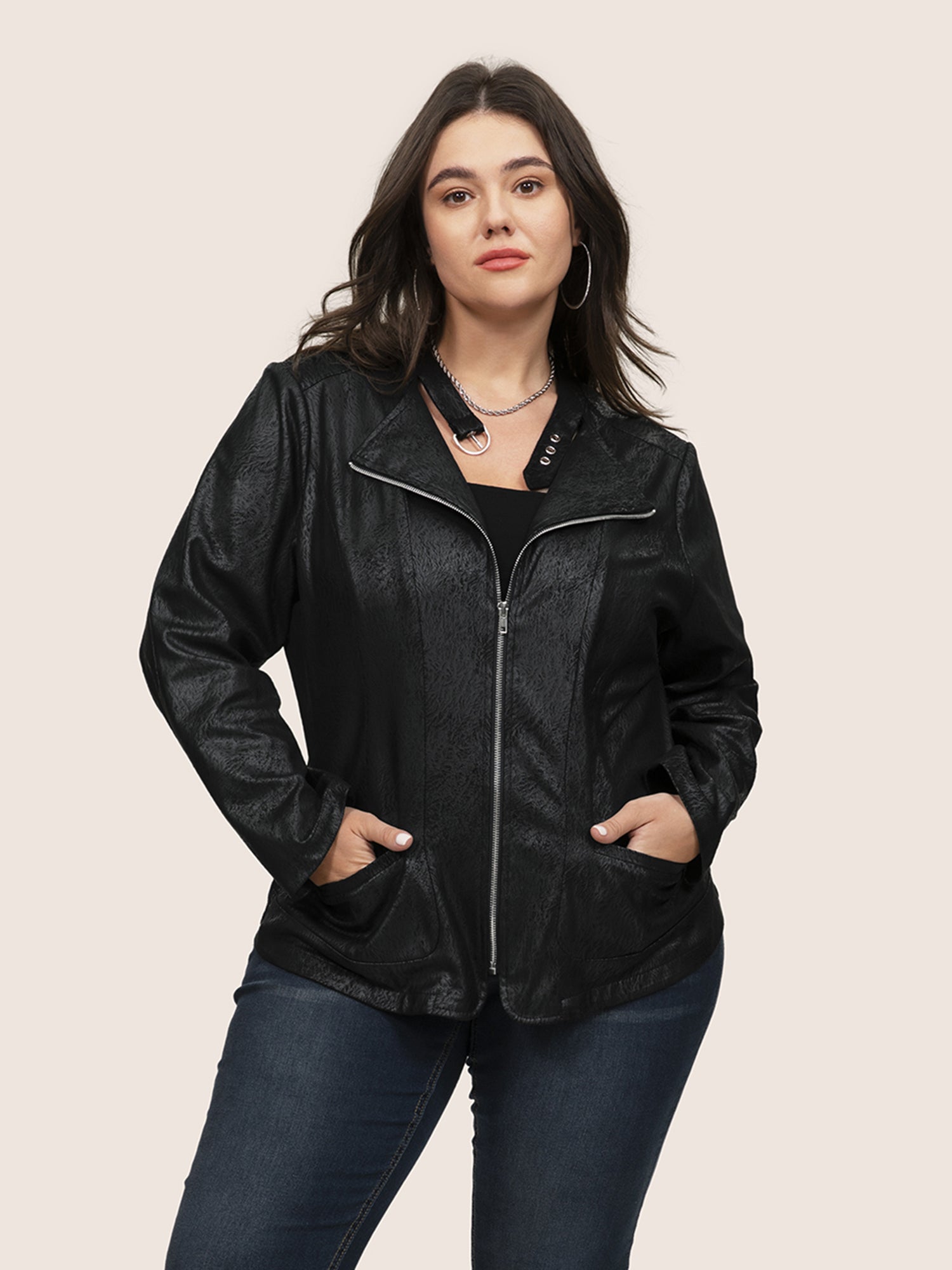 Plus Size Jackets | PU Leather Print Faux Suede Buckle Detail Jacket ...