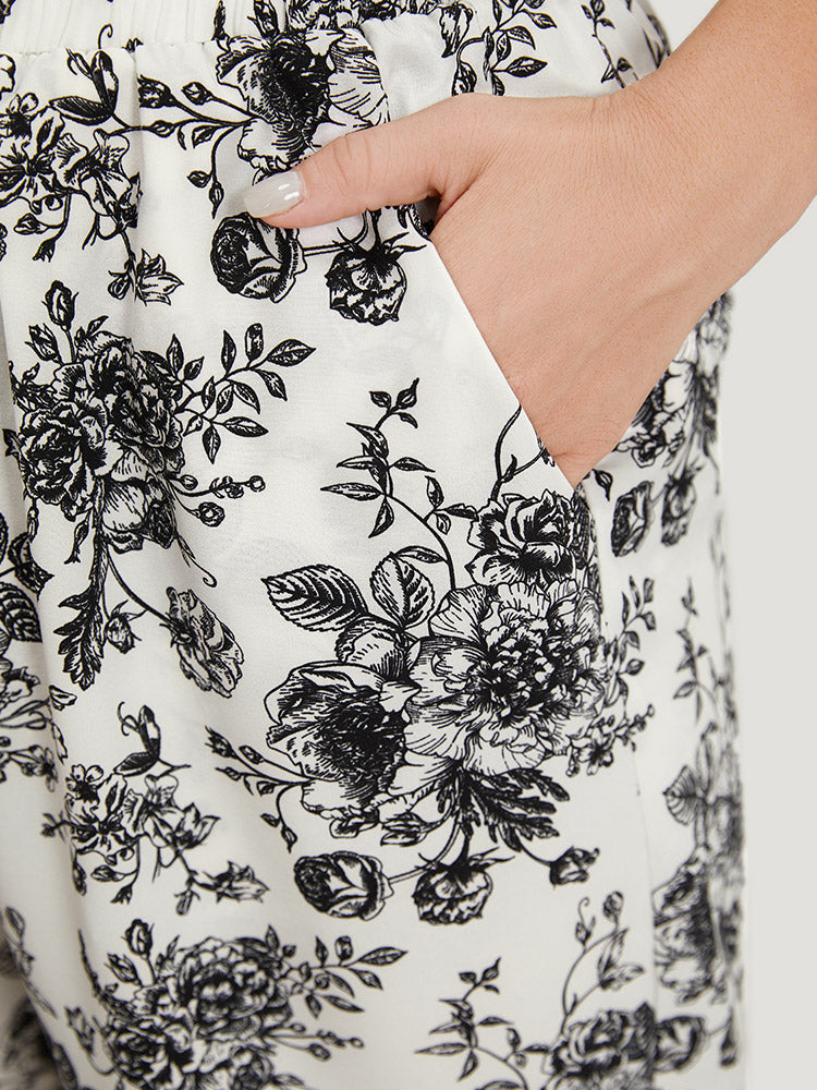 Floral Print Pocket Shirred Waist Pajama Bottoms