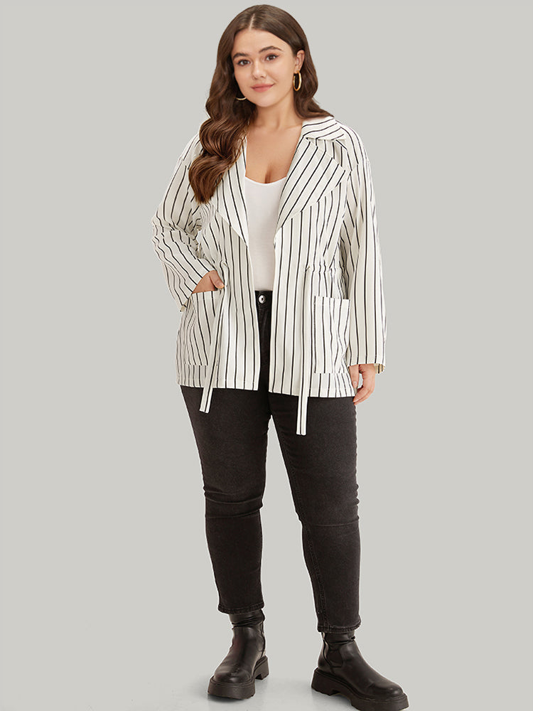Striped Suit Collar Drawstring Patch Pocket Jacket