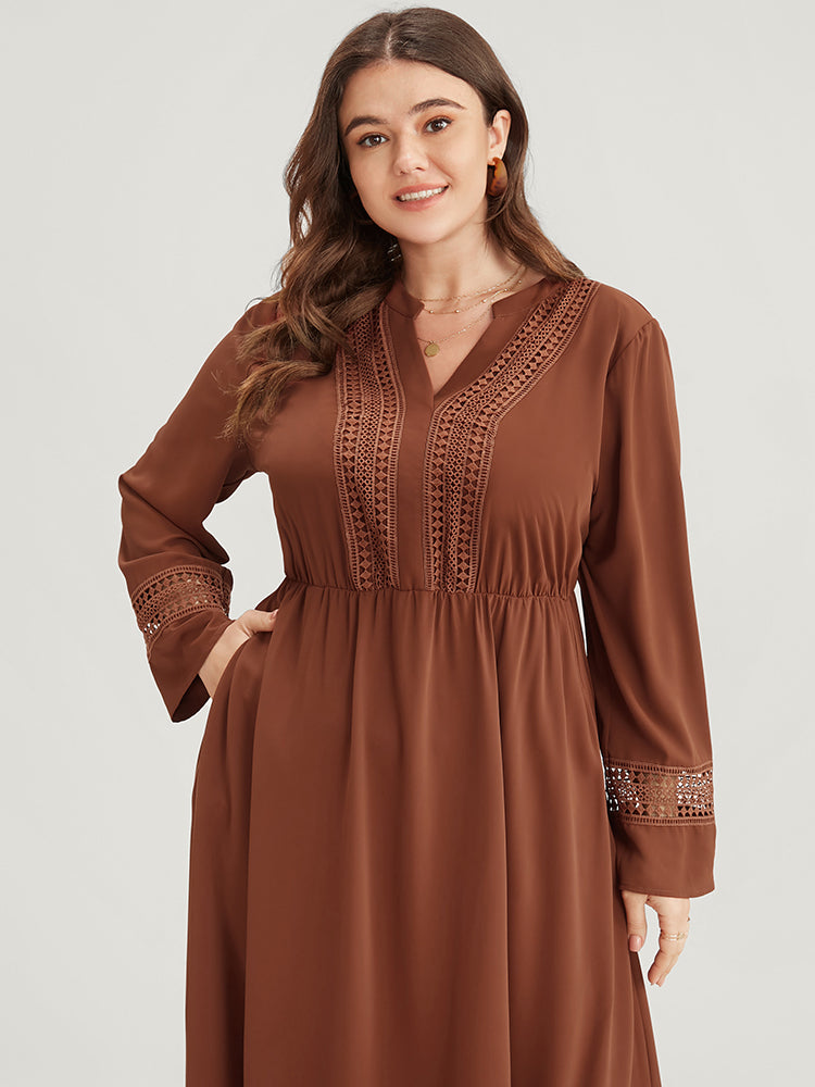 Solid V Neck Pocket Contrast Lace Ruffle Hem Dress