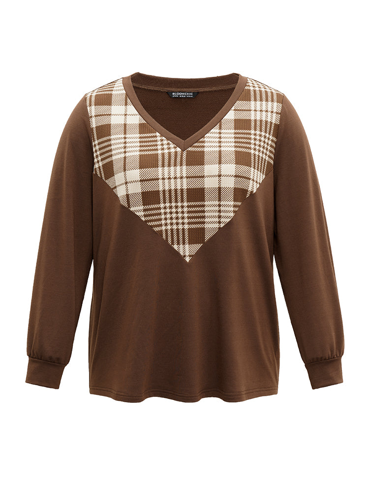 Plaid V Neck Patchwork Elastic Cuffs Sweatshirt