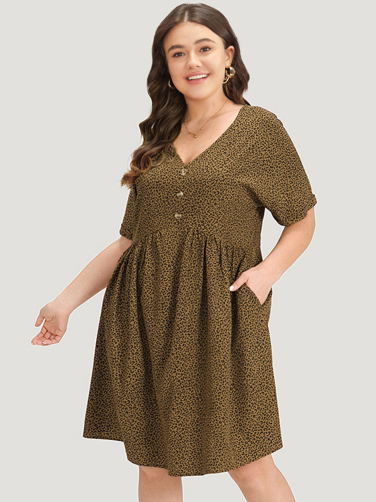 Leopard Print V Neck Button Detail Dolman Sleeve Dress