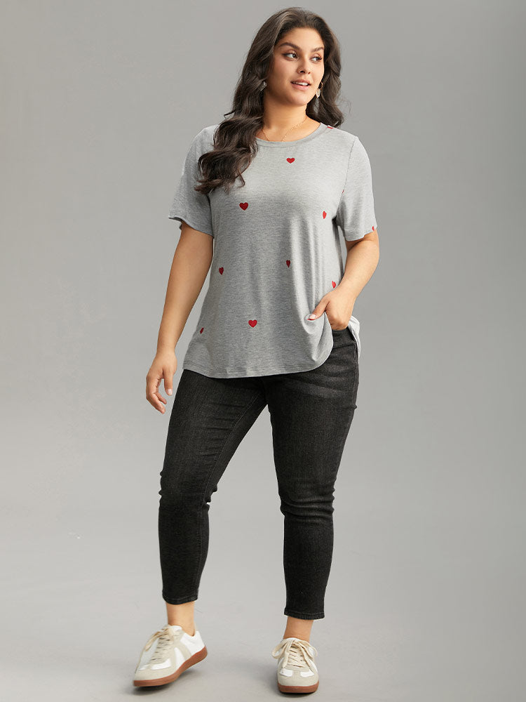 Heart Print Crew Neck T-shirt