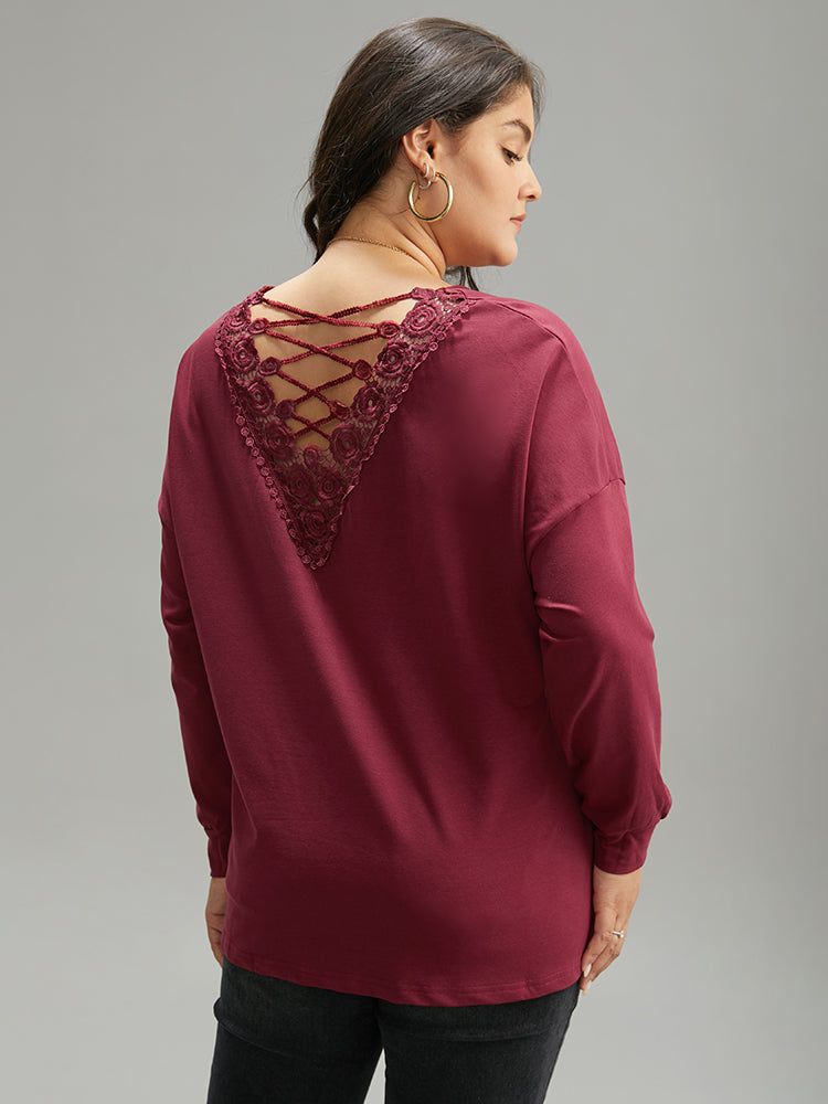 Plain Guipure Lace Crisscross Cut Out Sweatshirt