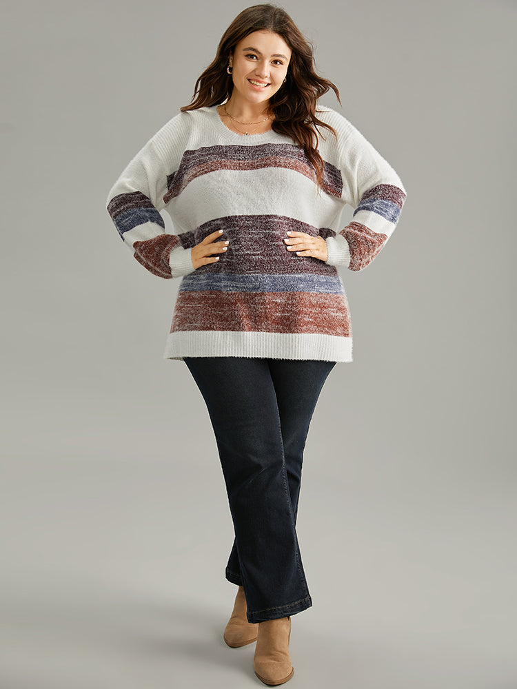 Colorblock Fuzzy Drop Shoulder Pullover