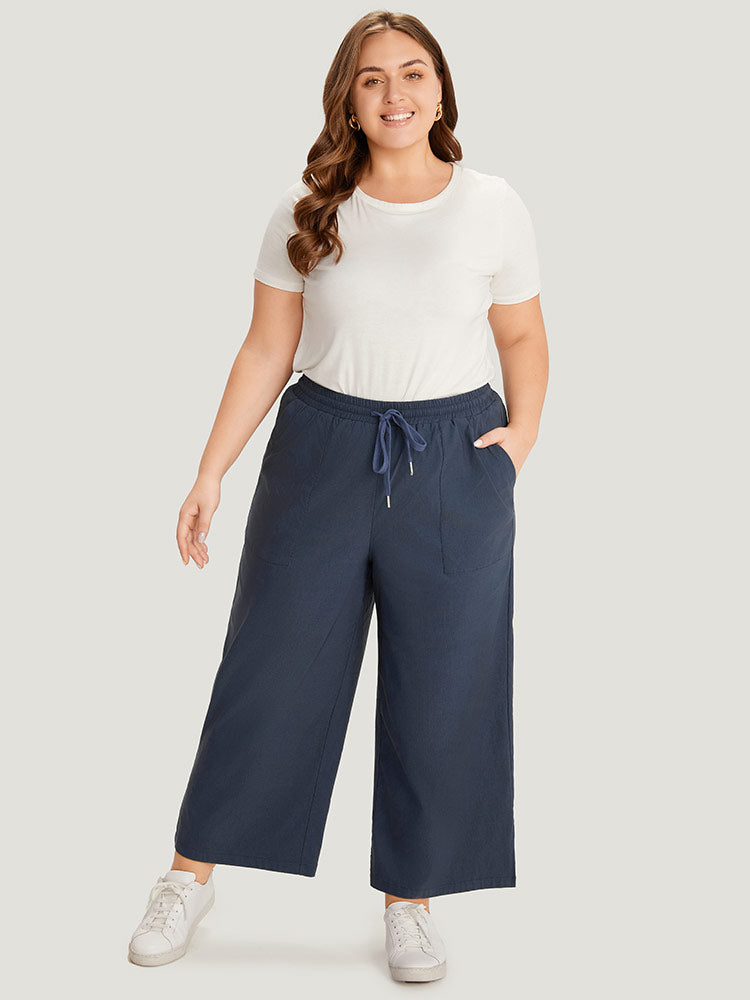Plain Pocket Drawstring Split HemWide leg Pants
