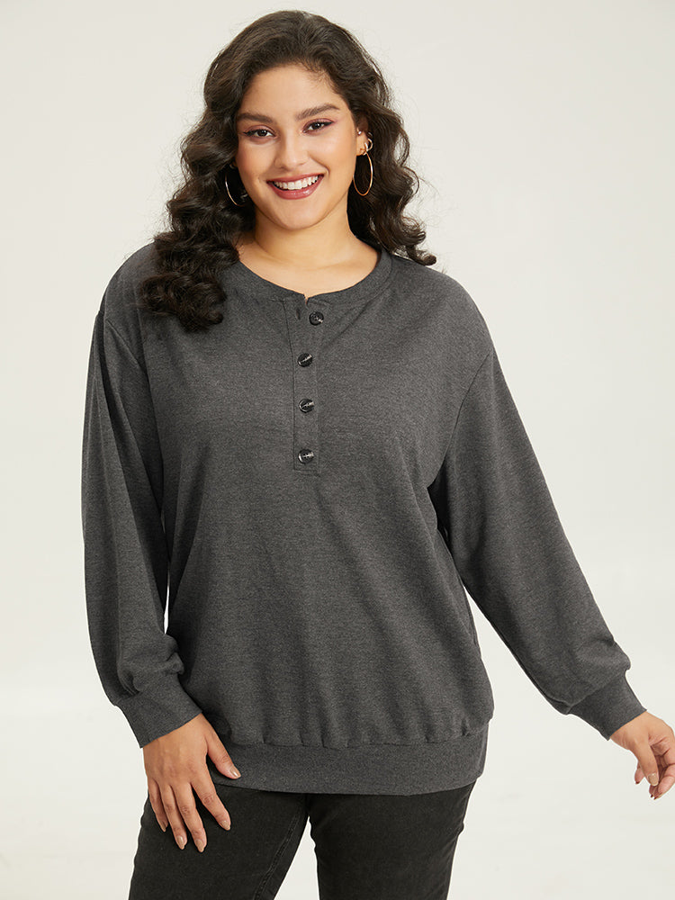 Solid Button Through Elastic Cuffs Sweatshirt