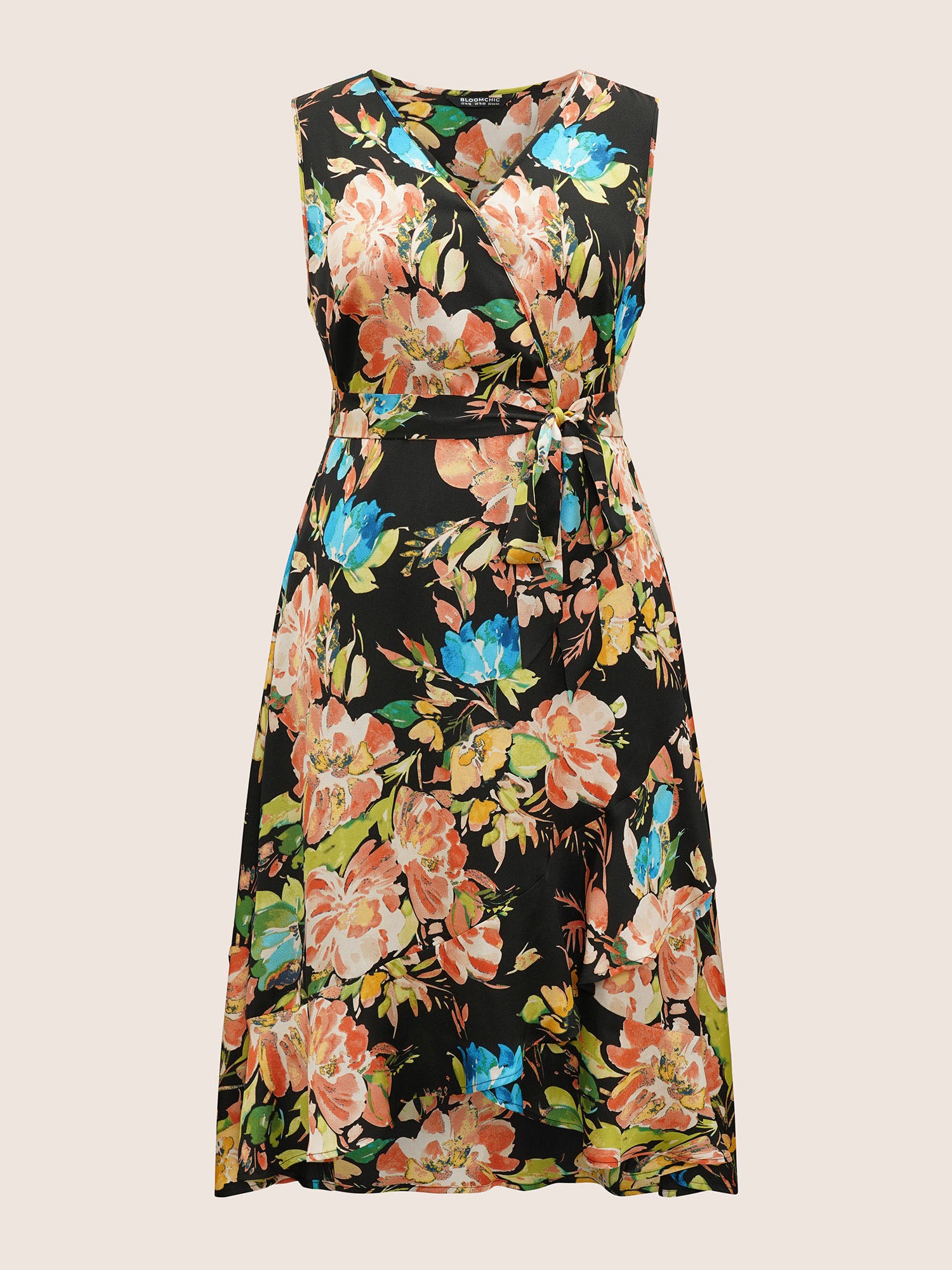 Surplice Neck Floral Print Belted Tank Dress