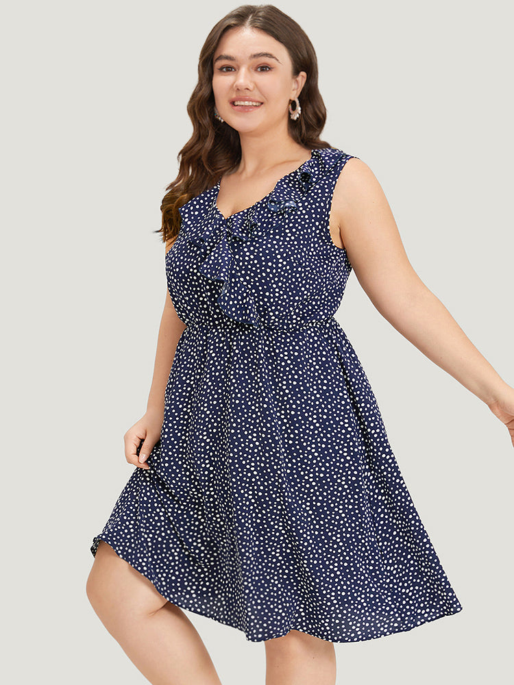 Polka Dot Ruffle Trim V Neck Sleeveless Dress