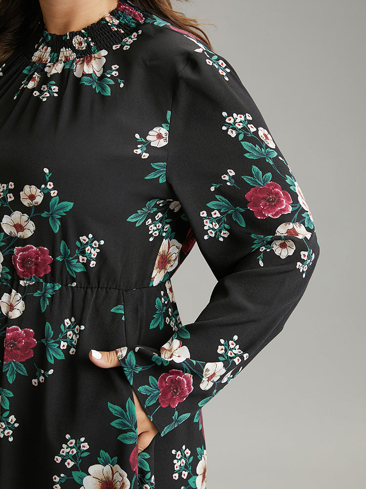 Floral Print Shirred Mock Neck Dress