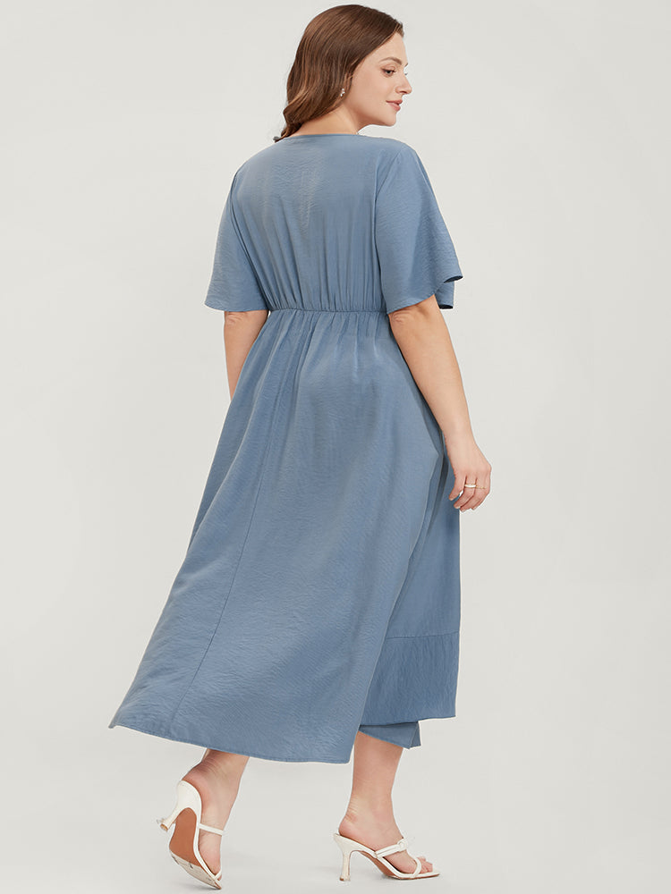 Solid Keyhole Round Neck Pocket Ruffle Trim Rib Knit Dress