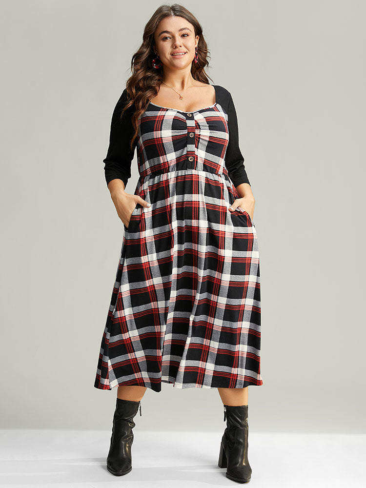 Christmas Plaid Patchwork Pleated Square Neck Dress