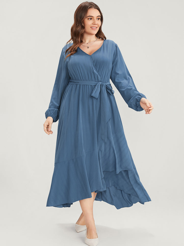 Solid Surplice Neck Lantern Sleeve Pocket Belted Asymmetrical Hem Dress
