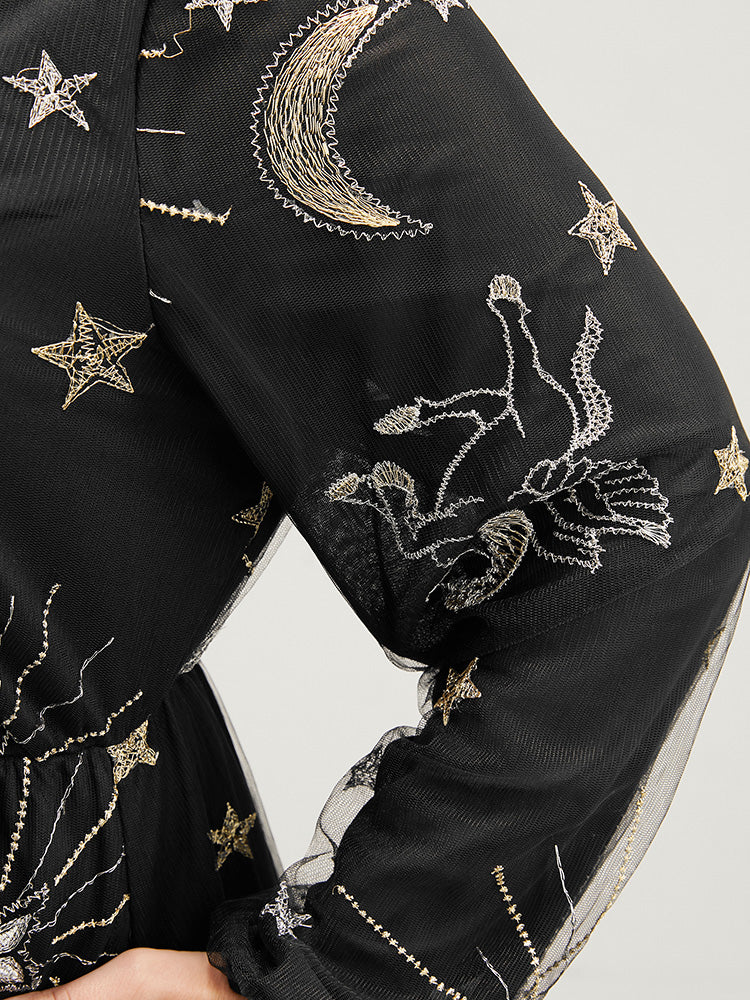 Moon And Star Pocket Lantern Sleeve Embroidered Mesh Dress