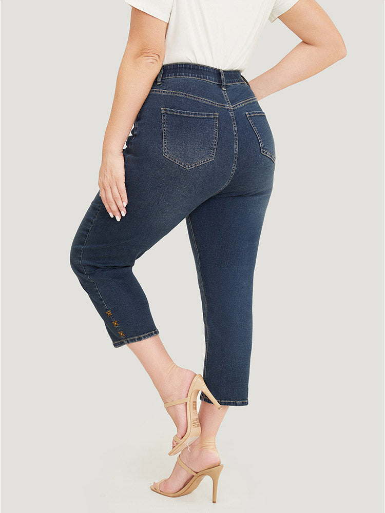 Very Stretchy High Rise  Dark Wash Beaded Detail Cropped Jeans