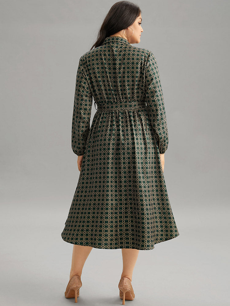 Lantern Sleeve Ruffle Hem Belted Dress