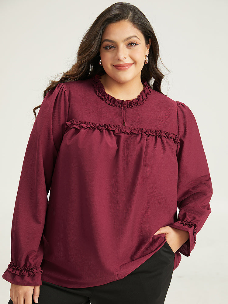 Solid Frill Trim Puff Sleeve Blouse