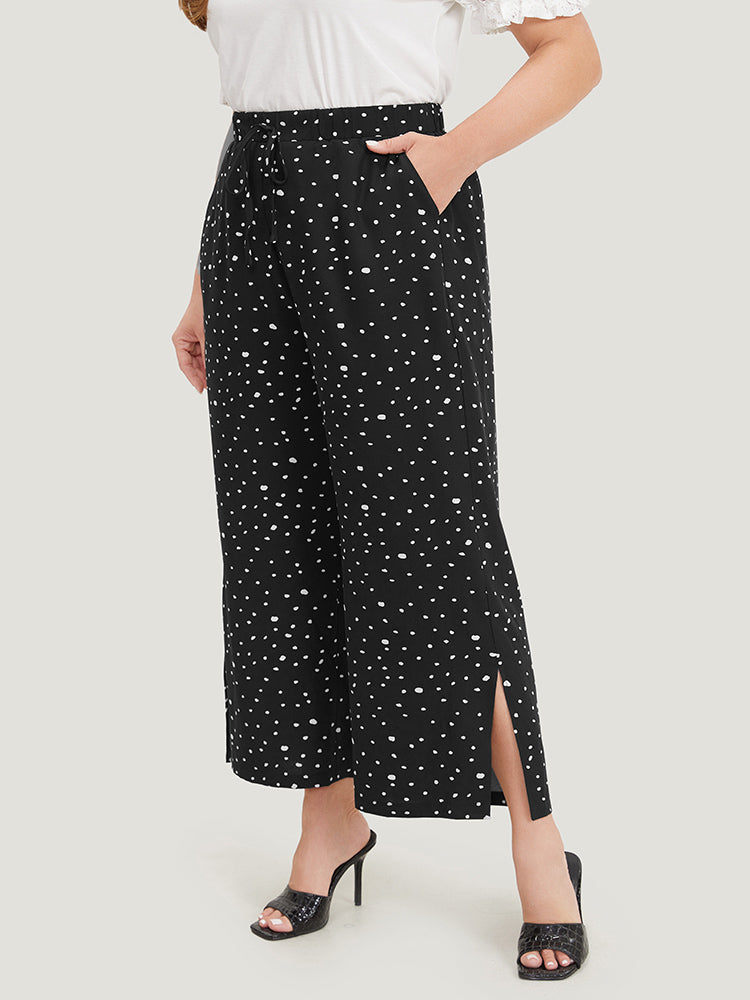 Polka Dot Drawstring Pocket Split Hem Pants