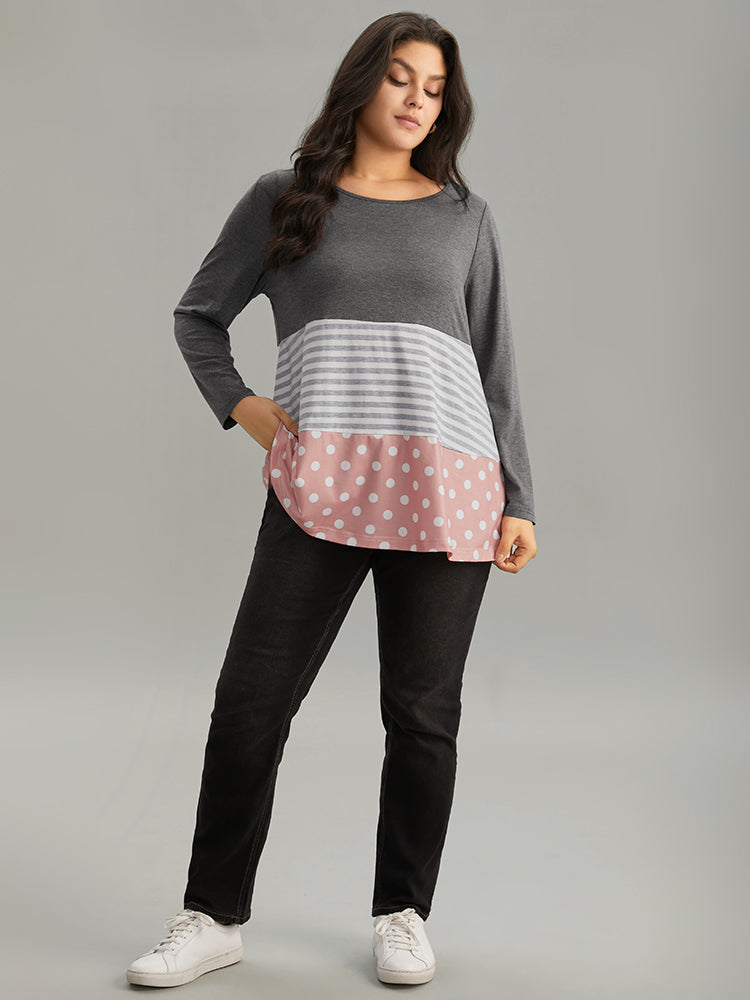 Striped Polka Dot Patchwork Contrast Round Neck T-shirt