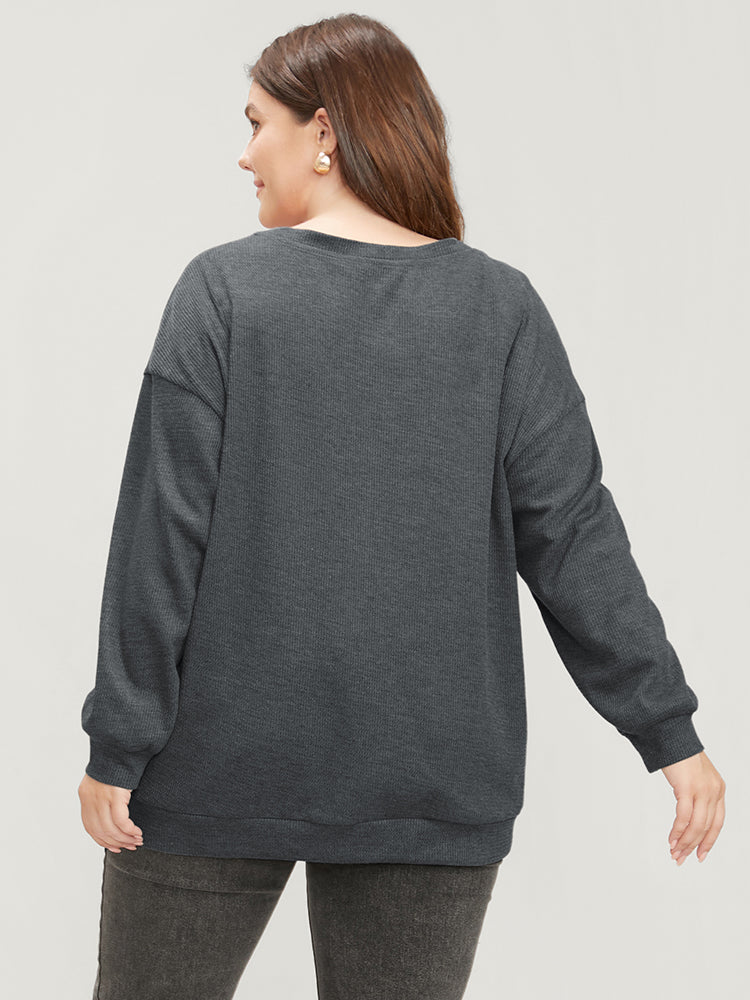 Solid Button Detail Round Neck Waffle Knit Sweatshirt