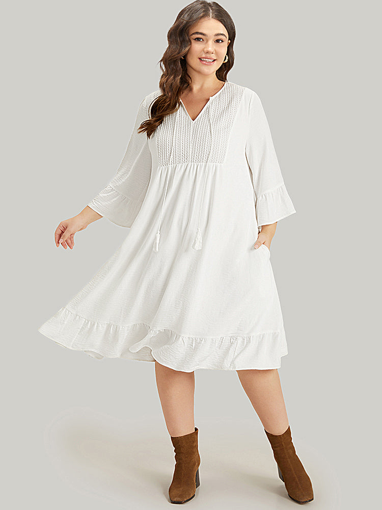 Solid Pocket Ties Tassels Bell Sleeve Dress